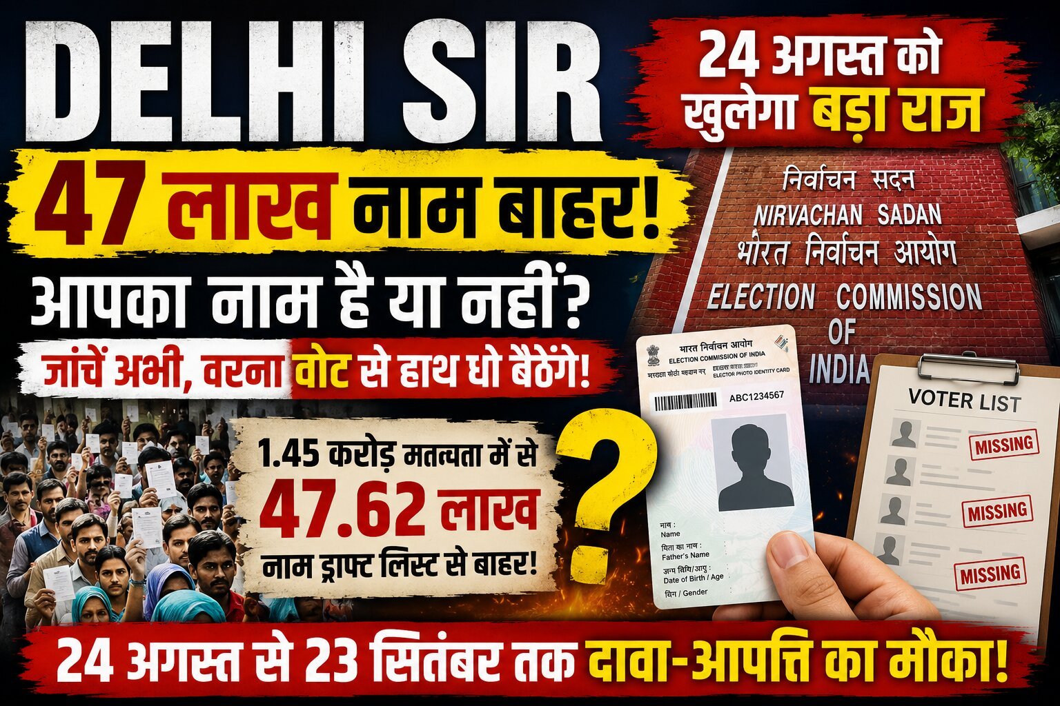 DELHI SIR: 47 लाख नाम बाहर! 24 अगस्त को खुलेगा वोटर लिस्ट का बड़ा राज