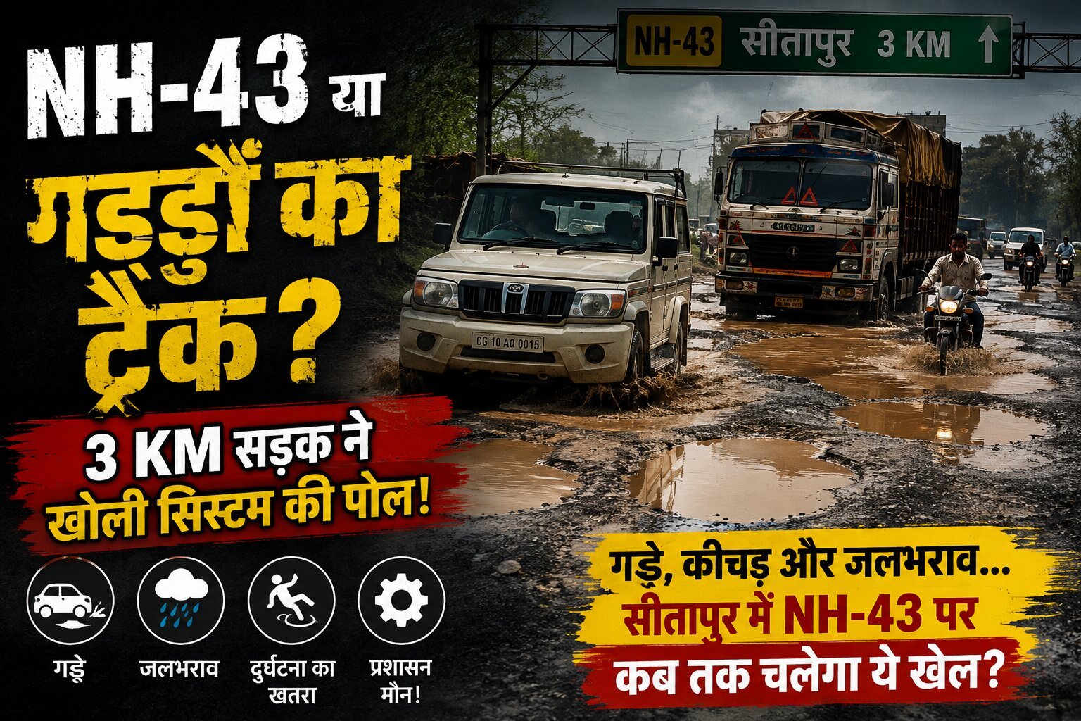 NH-43 या गड्ढों का ट्रैक? 3 KM सड़क ने खोली सिस्टम की पोल