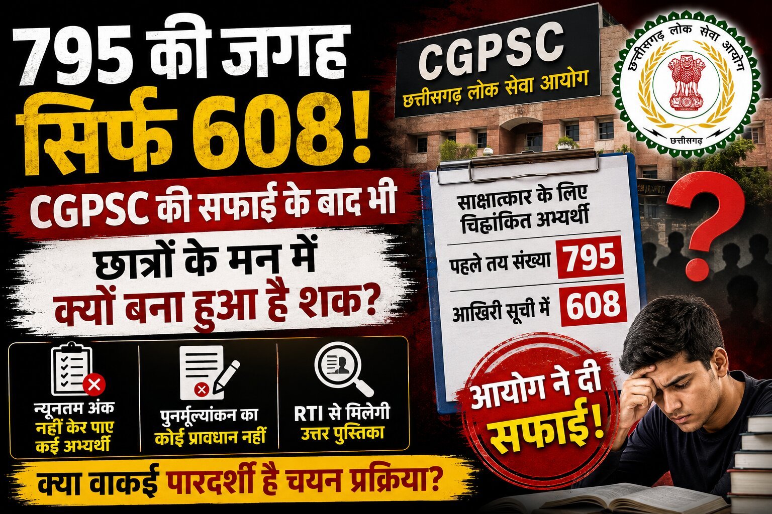795 की जगह सिर्फ 608! CGPSC की सफाई के बाद भी छात्रों के मन में क्यों बना हुआ है शक?